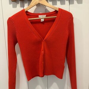 Women’s Red Ribbed V-Neck Button Cardigan Sweater
